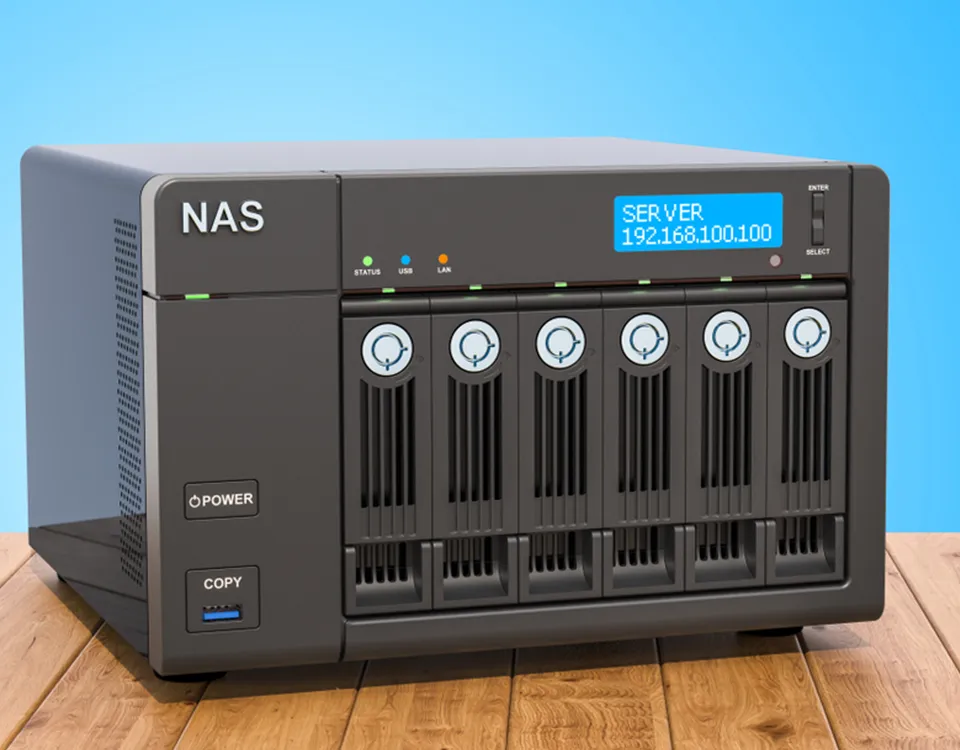 a computer server on a wood surface