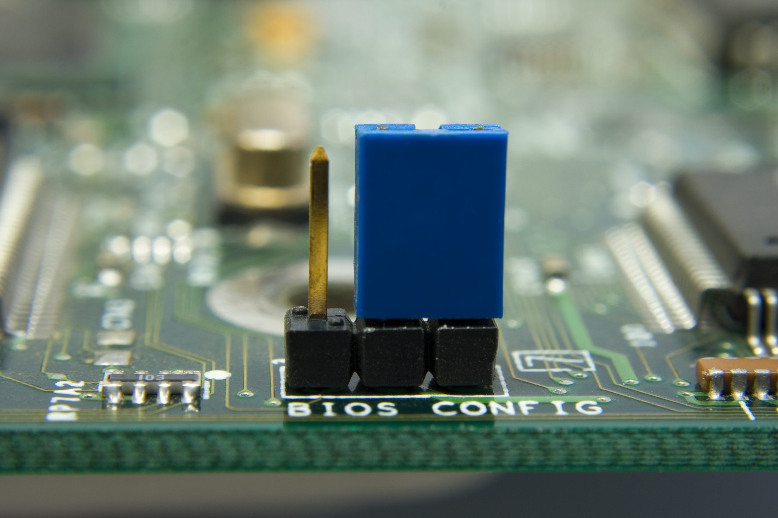 Computer motherboard circuit. Jumper BIOS config